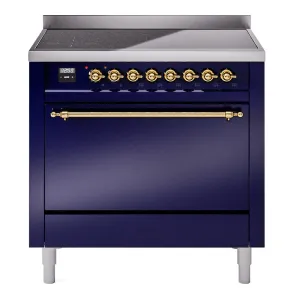 Ilve UPI366QNMPMBG Nostalgie Ii 36 Inch Electric Freestanding Range In Blue With Brass Trim