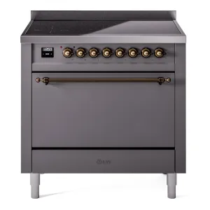 Ilve UPI366QNMPMGB Nostalgie Ii 36 Inch Electric Freestanding Range In Matte Graphite With Bronze Trim