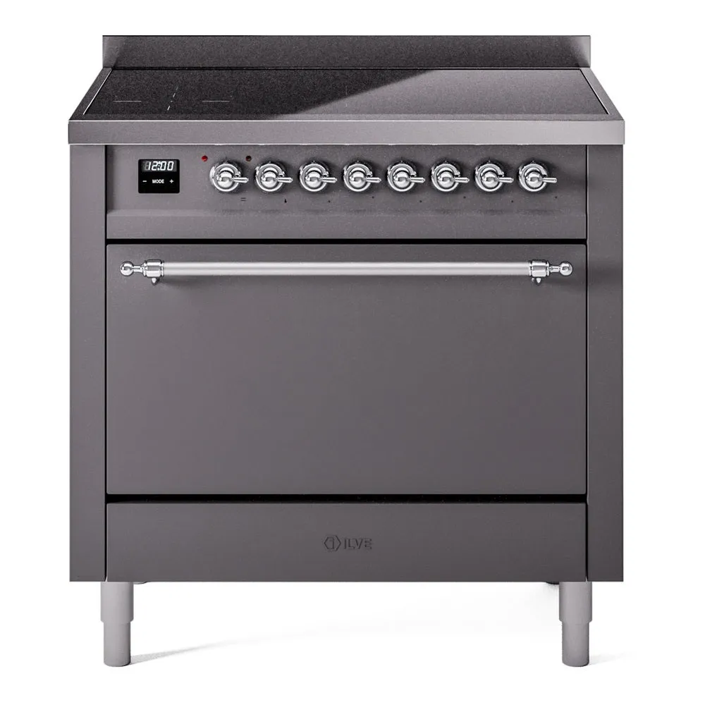 Ilve UPI366QNMPMGC Nostalgie Ii 36 Inch Electric Freestanding Range In Matte Graphite With Chrome Trim