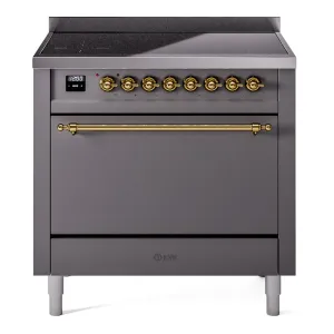 Ilve UPI366QNMPMGG Nostalgie Ii 36 Inch Electric Freestanding Range In Matte Graphite With Brass Trim