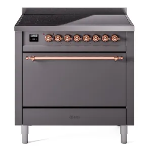 Ilve UPI366QNMPMGP Nostalgie Ii 36 Inch Electric Freestanding Range In Matte Graphite With Copper Trim