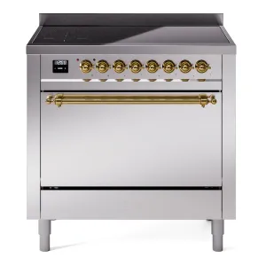 Ilve UPI366QNMPSSG Nostalgie Ii 36 Inch Electric Freestanding Range In Stainless Steel With Brass Trim