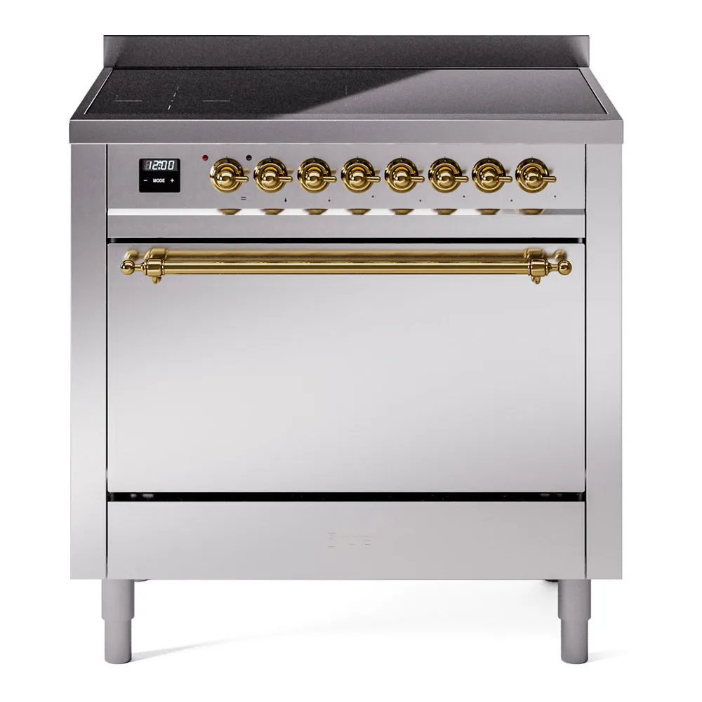 Ilve UPI366QNMPSSG Nostalgie Ii 36 Inch Electric Freestanding Range In Stainless Steel With Brass Trim