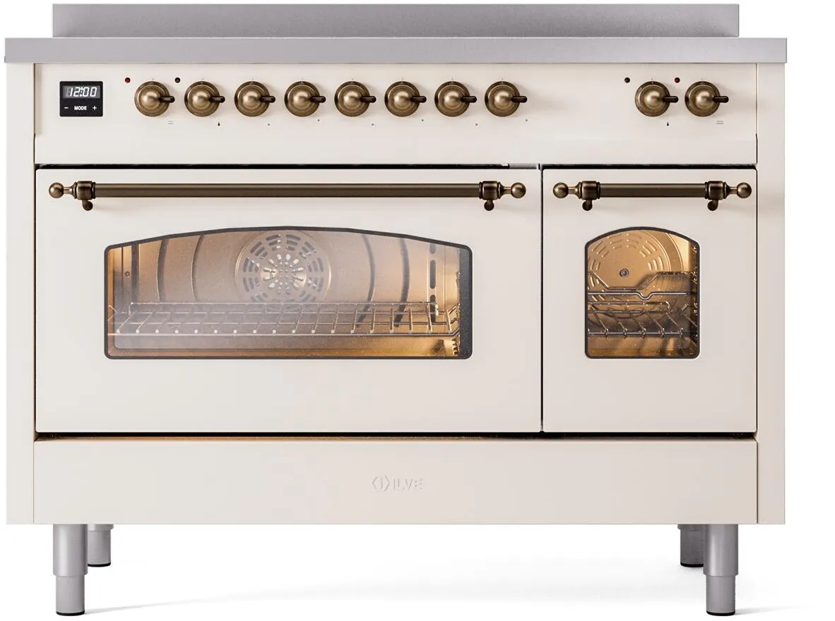 Ilve UPI486NMPAWB Nostalgie Ii 48 Inch Electric Freestanding Range In Antique White With Bronze Trim