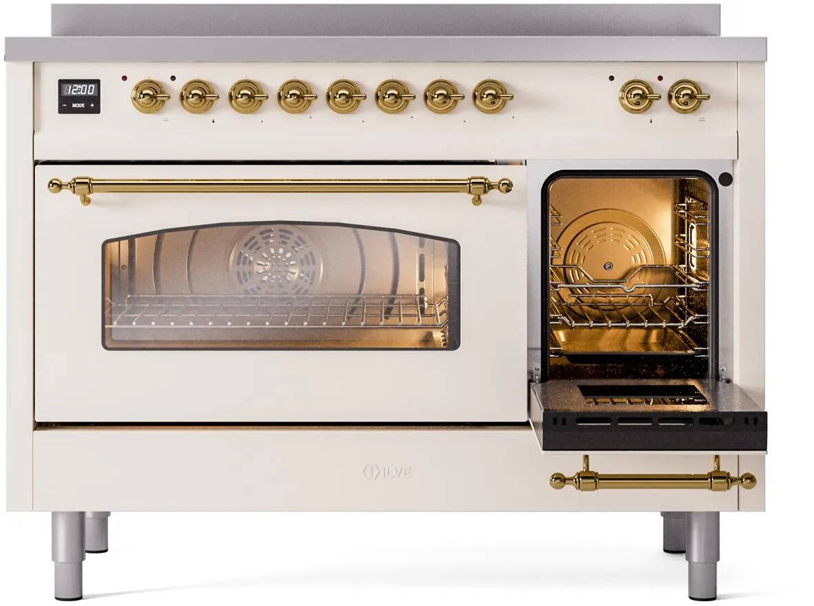 Ilve UPI486NMPAWG Nostalgie Ii 48 Inch Electric Freestanding Range In Antique White With Brass Trim