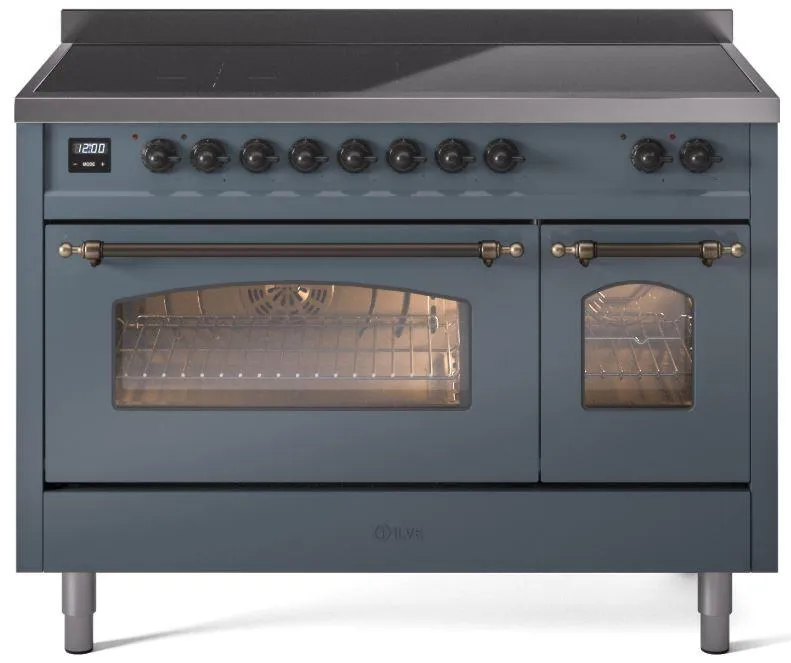 Ilve UPI486NMPBGB Nostalgie Ii 48 Inch Electric Freestanding Range In Blue Grey With Bronze Trim