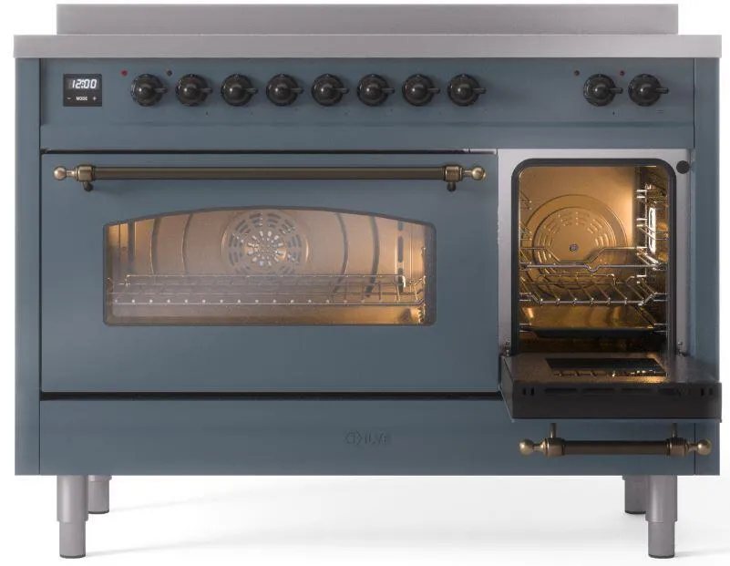 Ilve UPI486NMPBGB Nostalgie Ii 48 Inch Electric Freestanding Range In Blue Grey With Bronze Trim