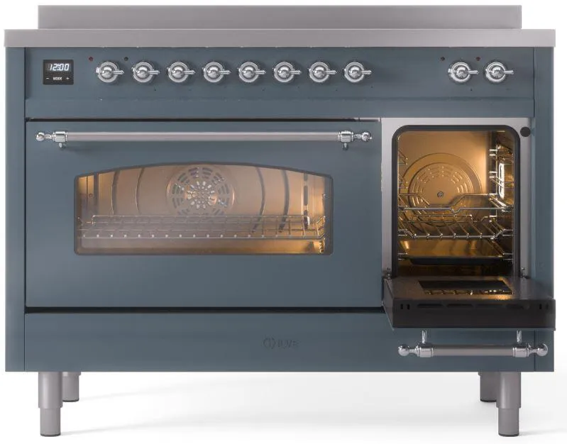 Ilve UPI486NMPBGC Nostalgie Ii 48 Inch Electric Freestanding Range In Blue Grey With Chrome Trim