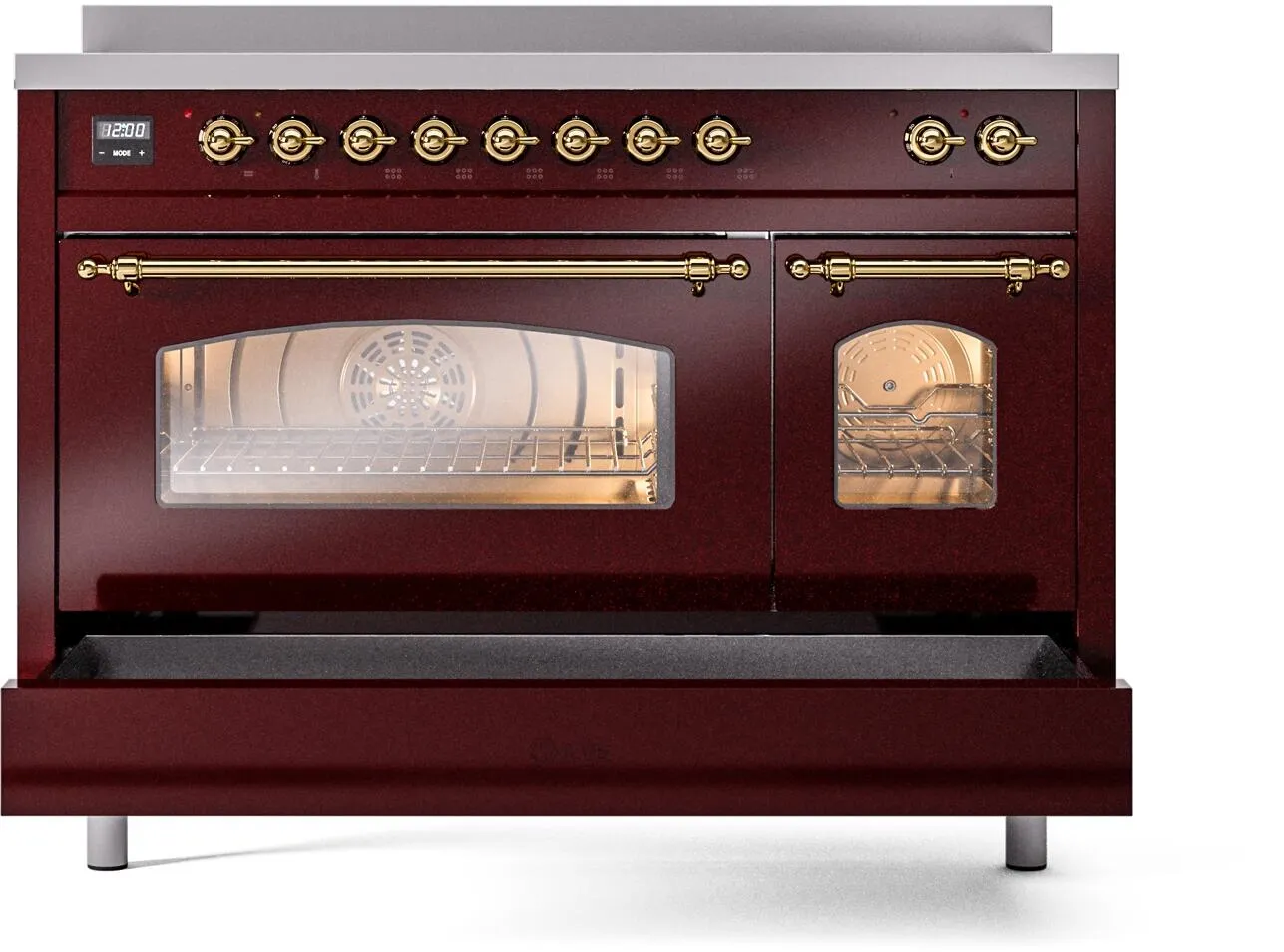 Ilve UPI486NMPBUG Nostalgie Ii 48 Inch Electric Freestanding Range In Burgundy With Brass Trim
