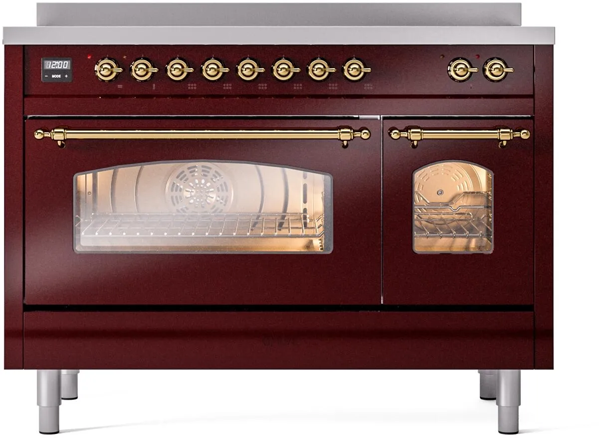Ilve UPI486NMPBUG Nostalgie Ii 48 Inch Electric Freestanding Range In Burgundy With Brass Trim