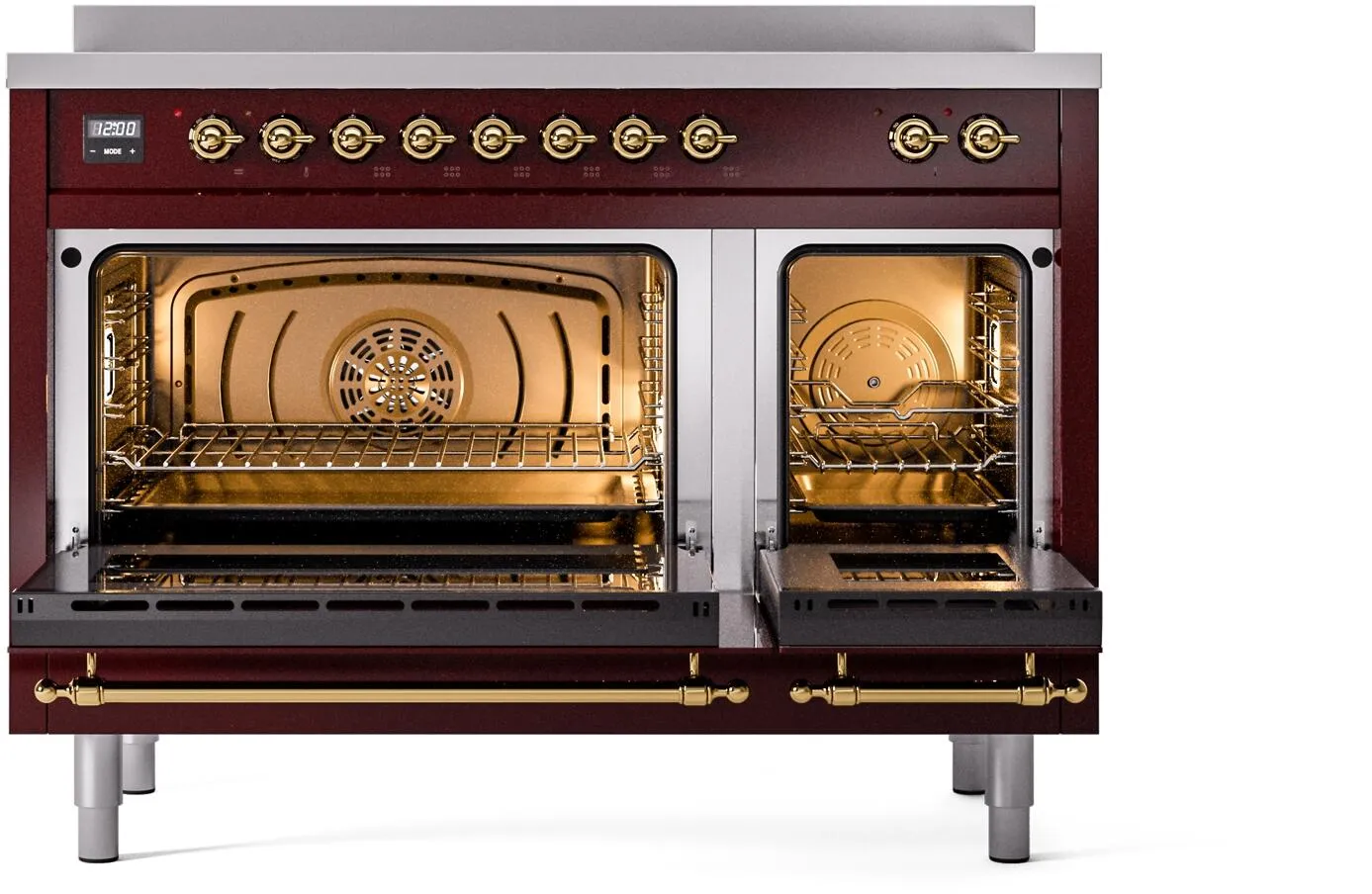 Ilve UPI486NMPBUG Nostalgie Ii 48 Inch Electric Freestanding Range In Burgundy With Brass Trim