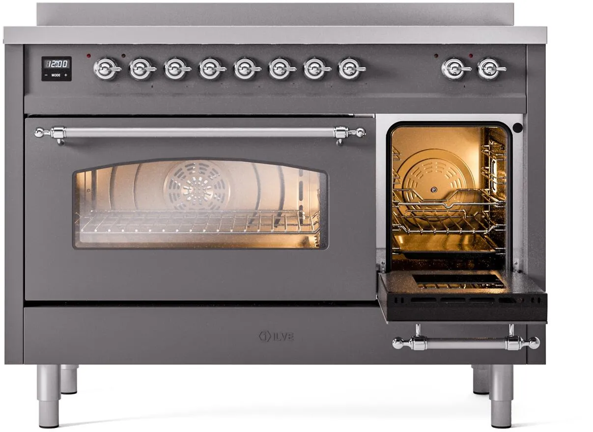 Ilve UPI486NMPMGC Nostalgie Ii 48 Inch Electric Freestanding Range In Matte Graphite With Chrome Trim