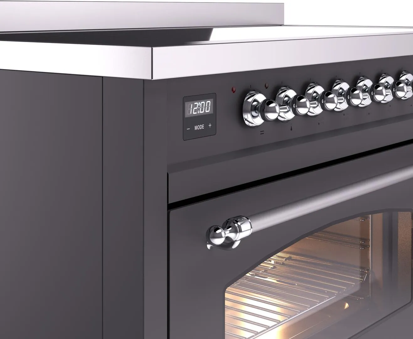Ilve UPI486NMPMGC Nostalgie Ii 48 Inch Electric Freestanding Range In Matte Graphite With Chrome Trim