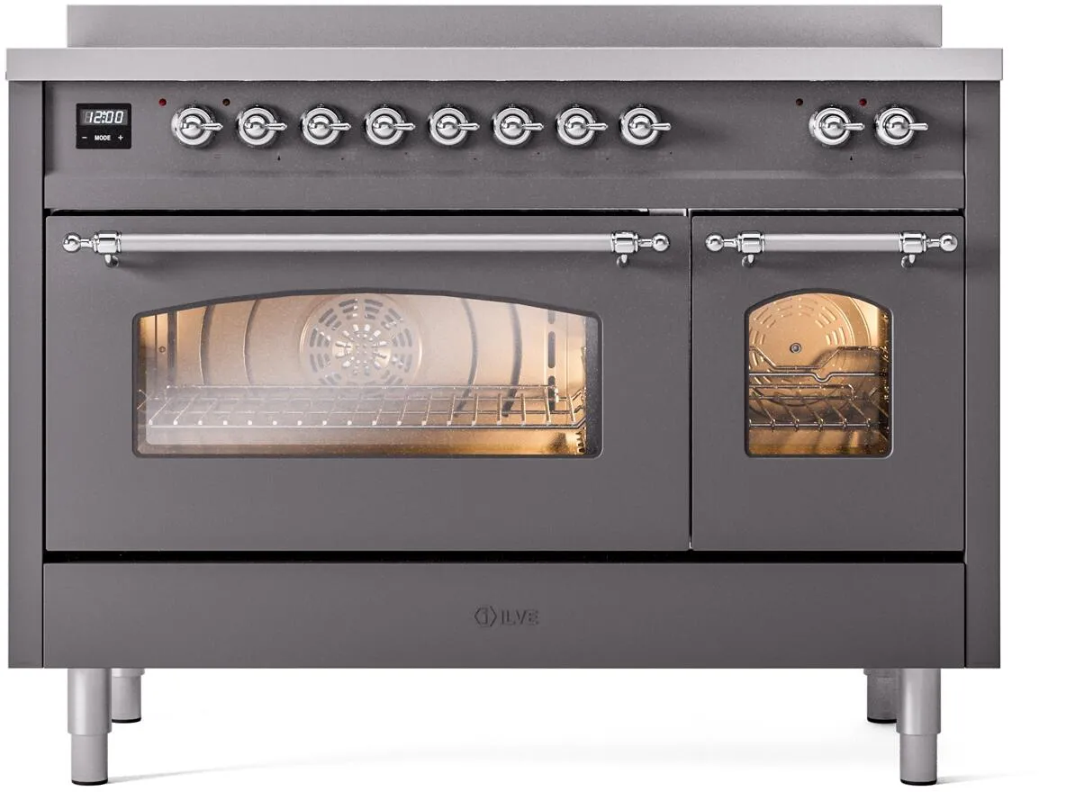 Ilve UPI486NMPMGC Nostalgie Ii 48 Inch Electric Freestanding Range In Matte Graphite With Chrome Trim