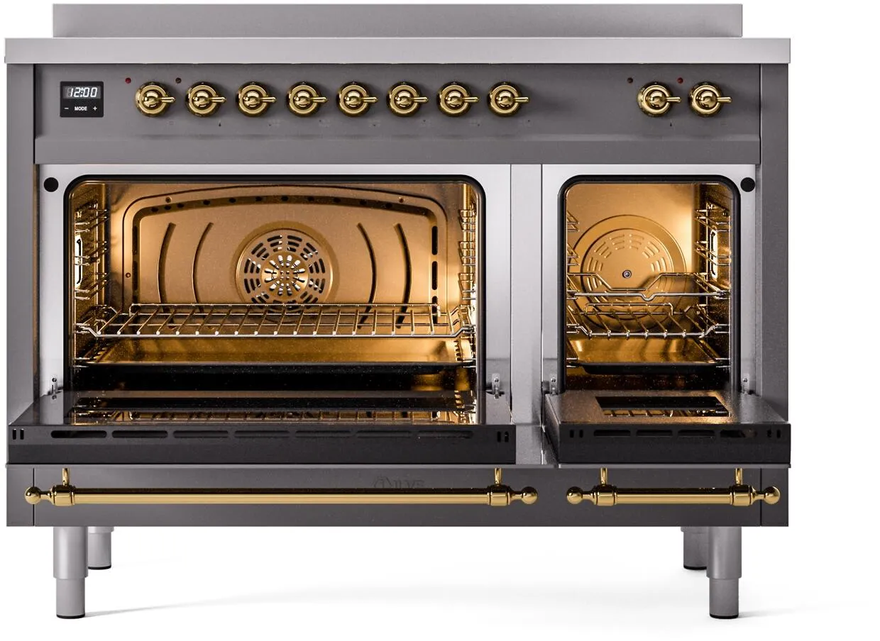 Ilve UPI486NMPMGG Nostalgie Ii 48 Inch Electric Freestanding Range In Matte Graphite With Brass Trim