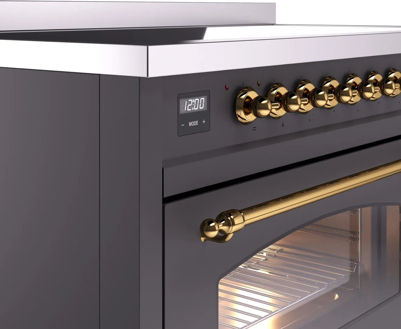 Ilve UPI486NMPMGG Nostalgie Ii 48 Inch Electric Freestanding Range In Matte Graphite With Brass Trim