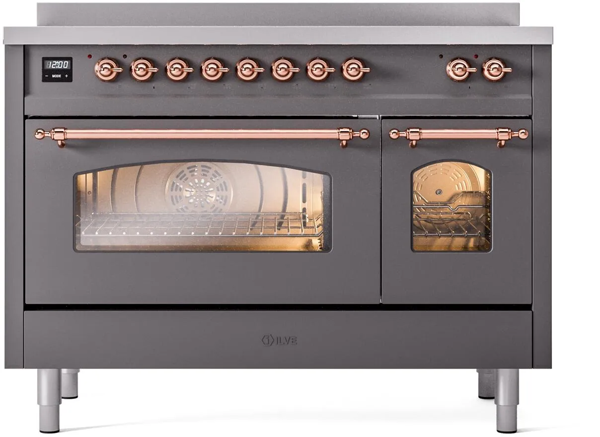 Ilve UPI486NMPMGP Nostalgie Ii 48 Inch Electric Freestanding Range In Matte Graphite With Copper Trim