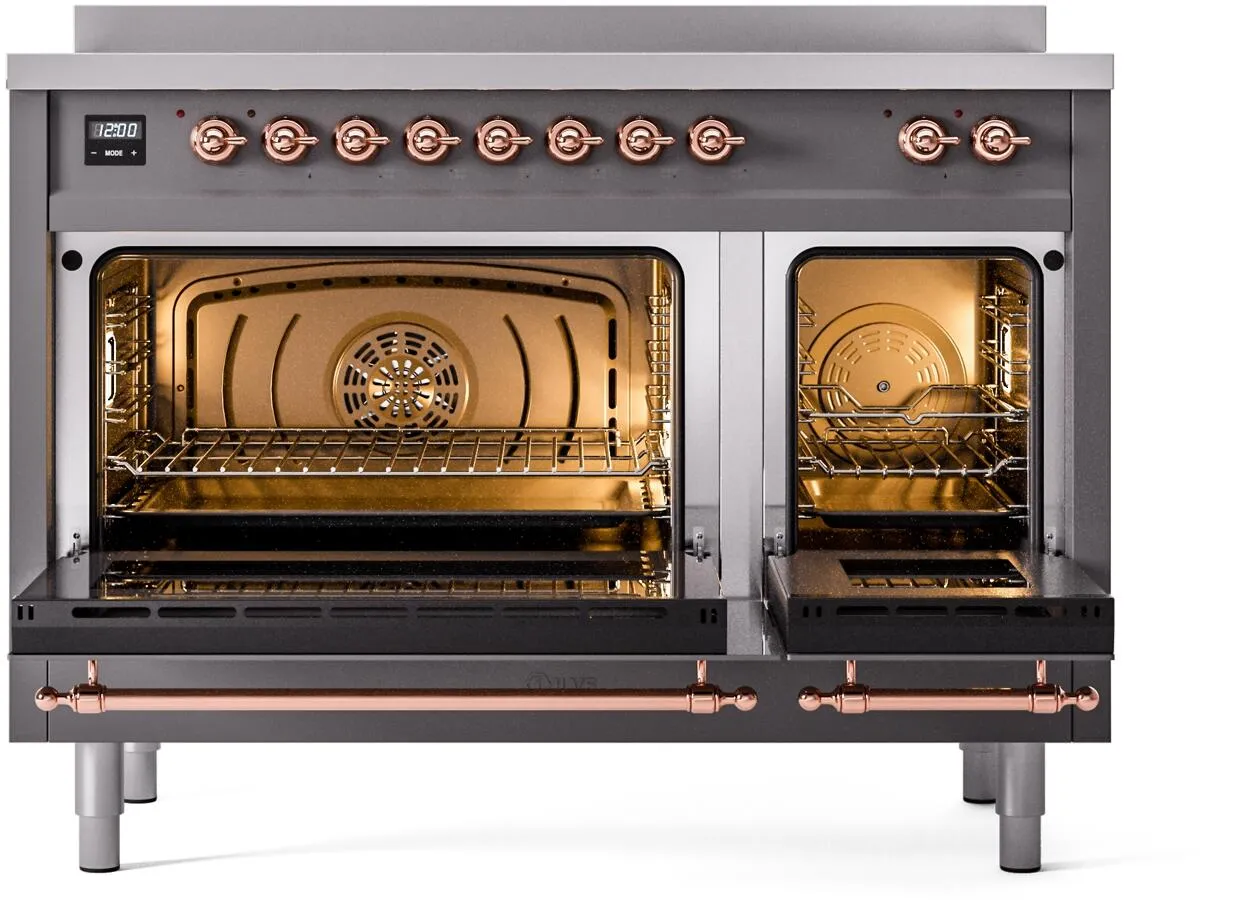 Ilve UPI486NMPMGP Nostalgie Ii 48 Inch Electric Freestanding Range In Matte Graphite With Copper Trim