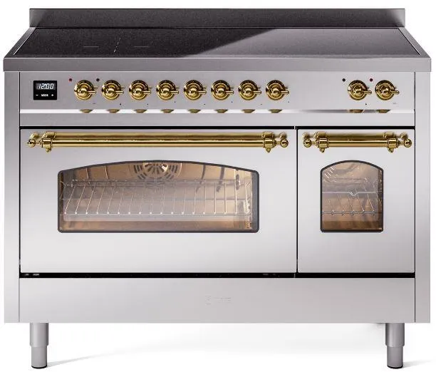Ilve UPI486NMPSSG Nostalgie Ii 48 Inch Electric Freestanding Range In Stainless Steel With Brass Trim