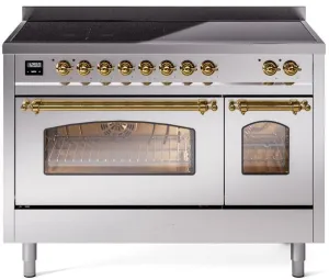 Ilve UPI486NMPSSG Nostalgie Ii 48 Inch Electric Freestanding Range In Stainless Steel With Brass Trim
