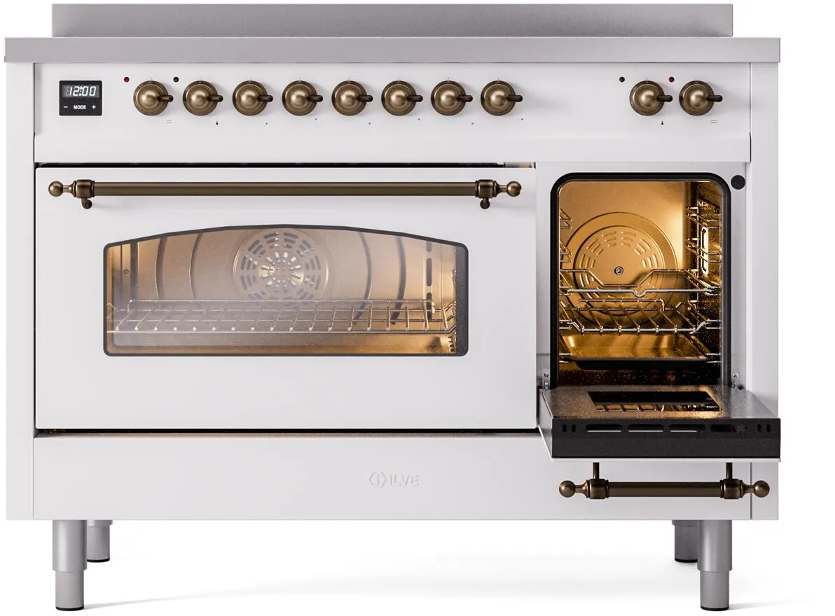 Ilve UPI486NMPWHB Nostalgie Ii 48 Inch Electric Freestanding Range In White With Bronze Trim