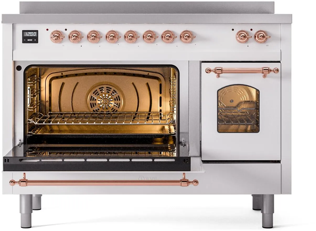 Ilve UPI486NMPWHP Nostalgie Ii 48 Inch Electric Freestanding Range In White With Copper Trim