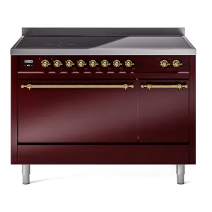 Ilve UPI486QNMPBUG Nostalgie Ii 48 Inch Electric Freestanding Range In Burgundy With Brass Trim