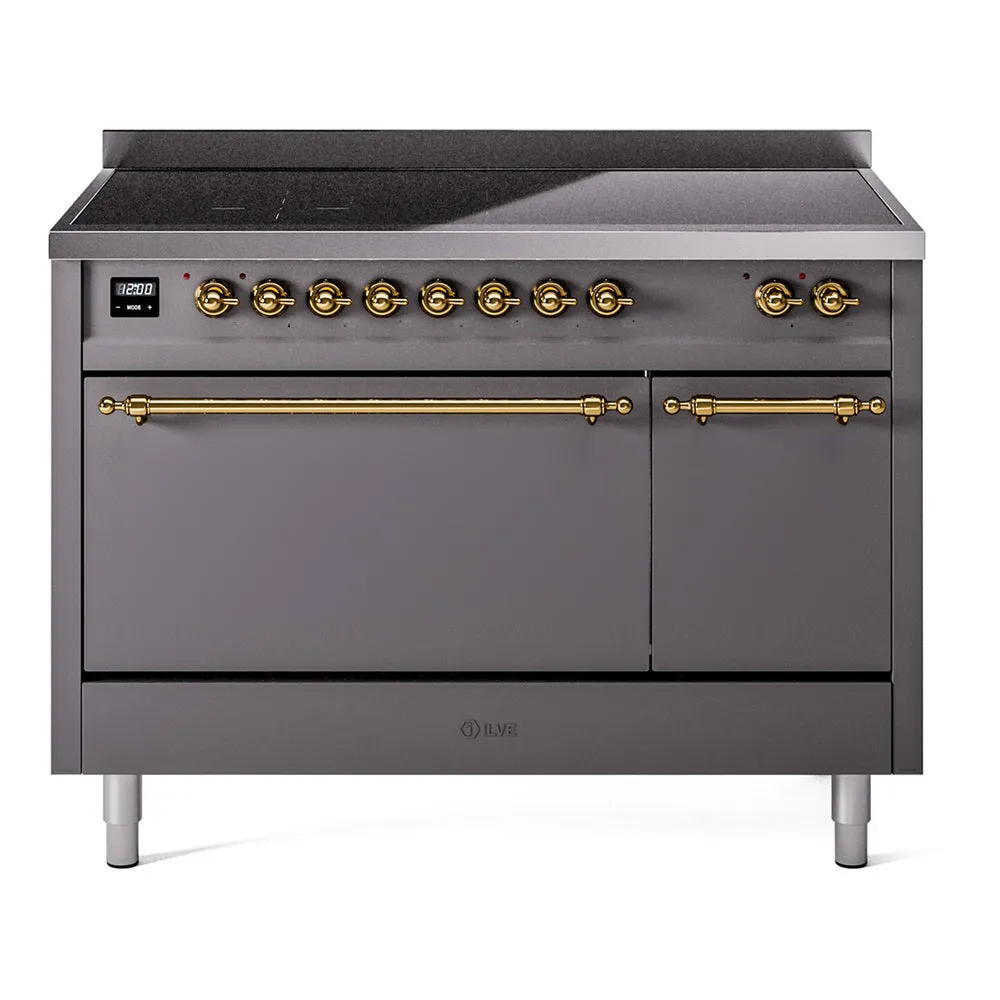 Ilve UPI486QNMPMGG Nostalgie Ii 48 Inch Electric Freestanding Range In Matte Graphite With Brass Trim