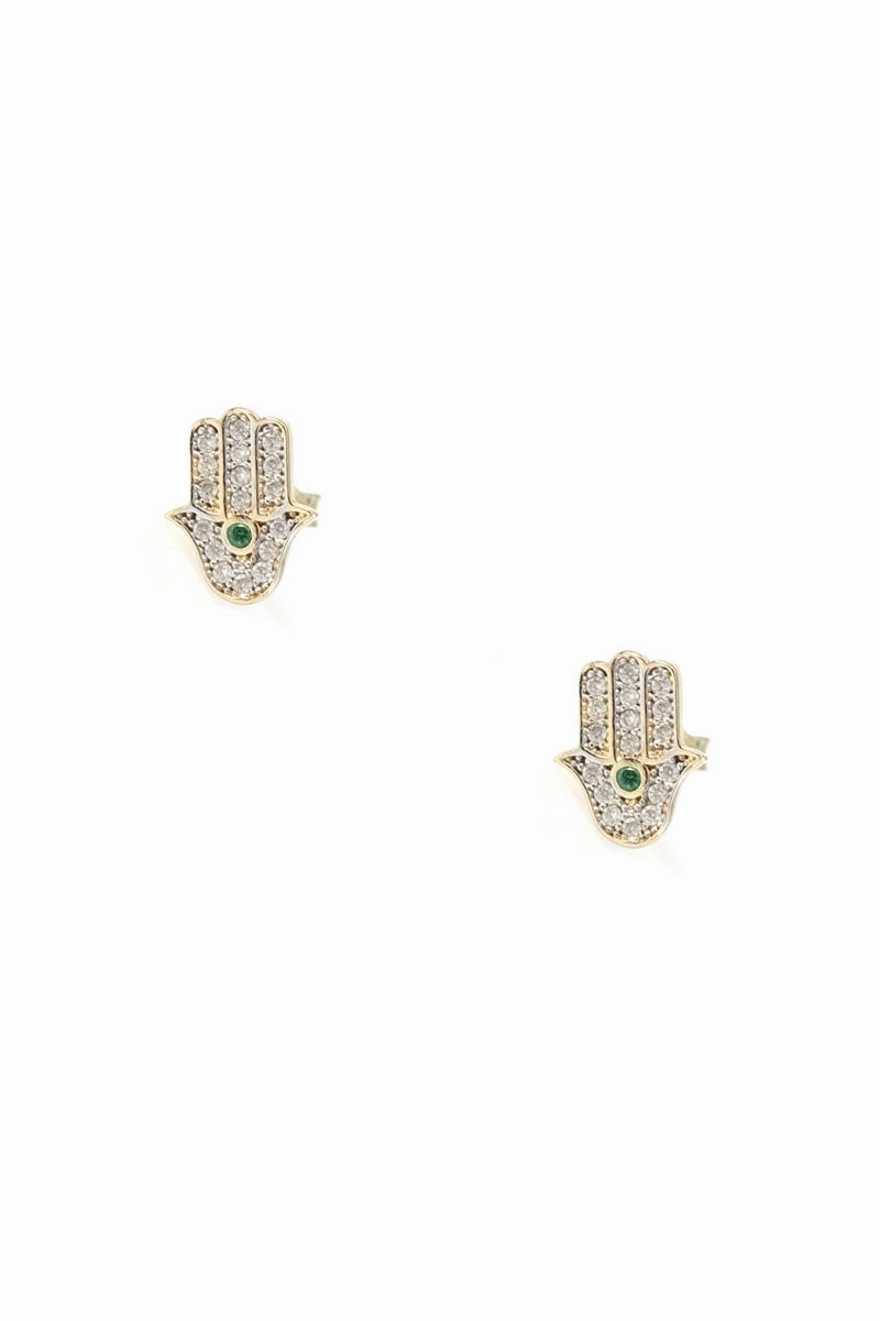 14K Yellow Gold Pav Crystal Hamsa Studs Green Save Today Event