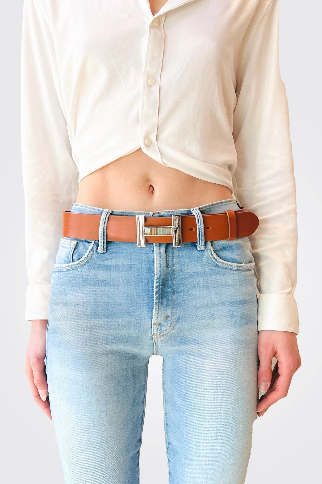 Today Only Discount H Buckle Leather Belt - Cognac