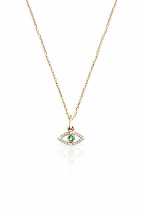 New Arrival Discount Trending Hot Picks Mini Emerald Evil Eye Necklace In 14K Yellow Gold