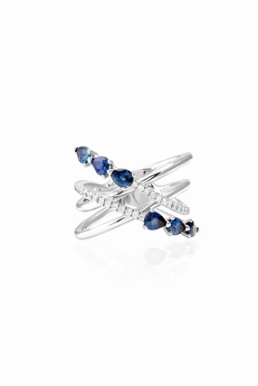 Online Exclusive Deal Diamond Blue Sapphire Ring In 18K White Gold