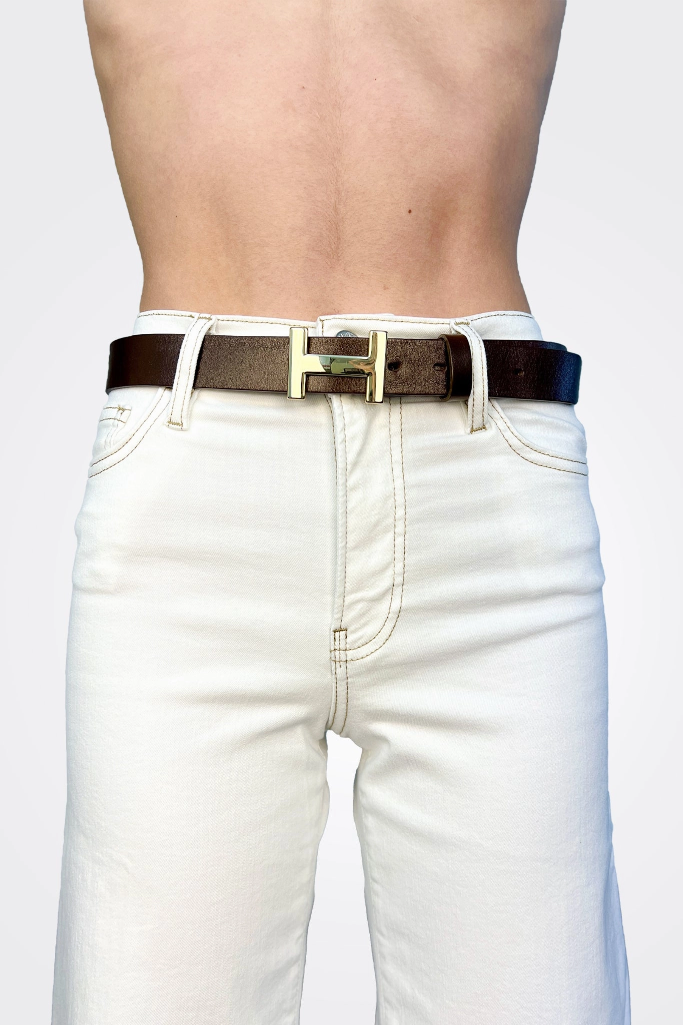 H Small Buckle Leather Belt - Dark Brown Big Savings Alert Clearance Sale Now