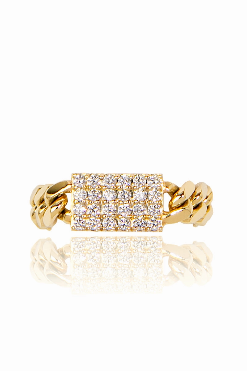 Hot Offer Inside Small Cuban Chain Diamond Pav Ring In Yellow Gold