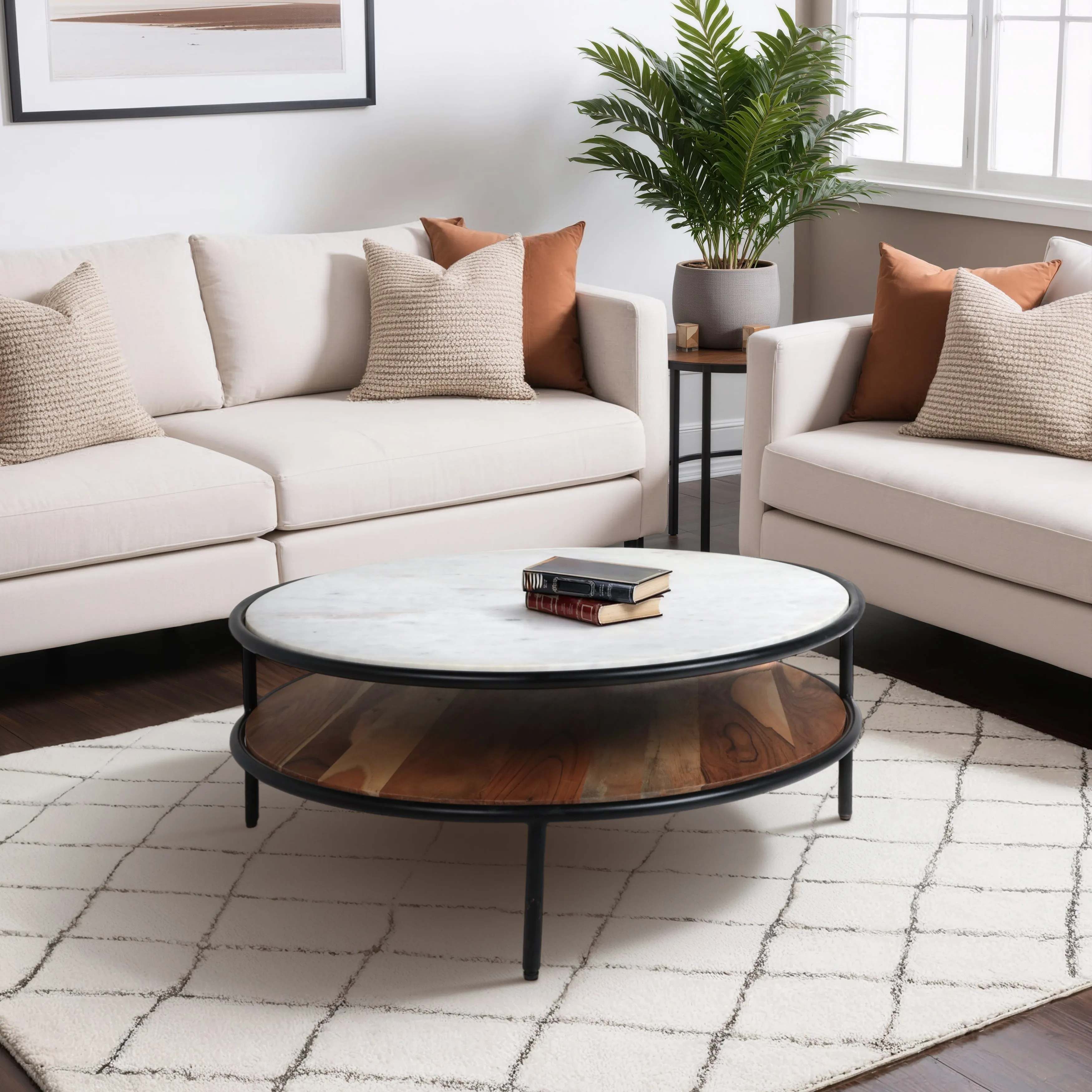 WOOD/MARBLE, 31X14" COFFEE TABLE, BROWN/WHITE